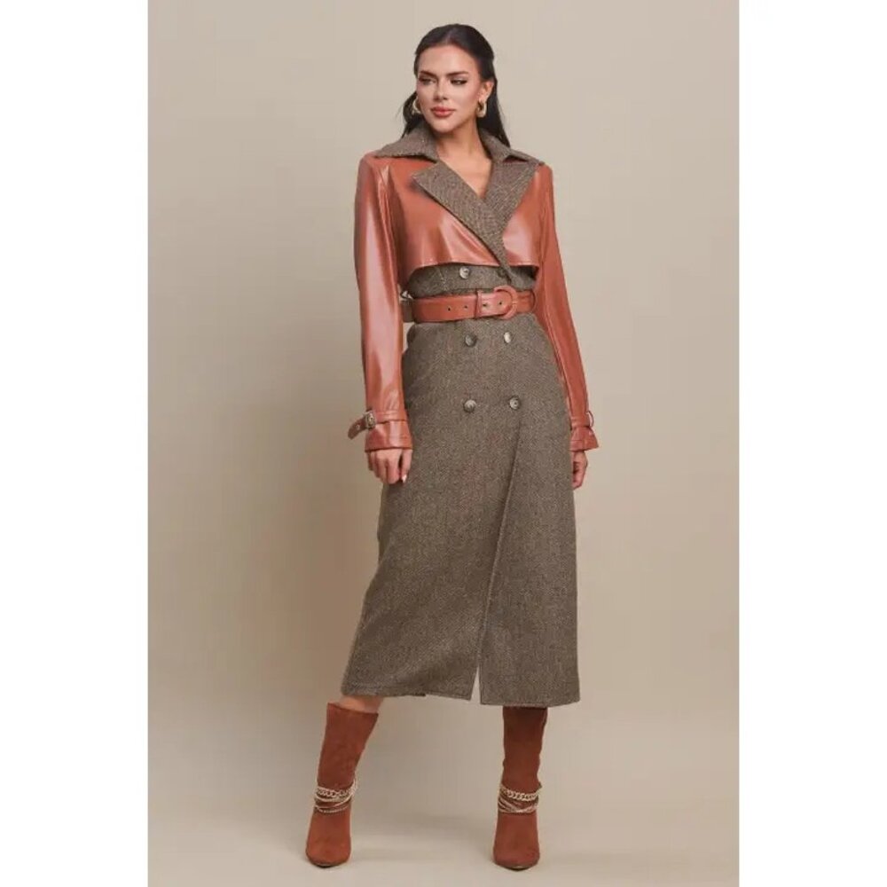 Faux Leather Double Breasted Trench Herringbone Coat